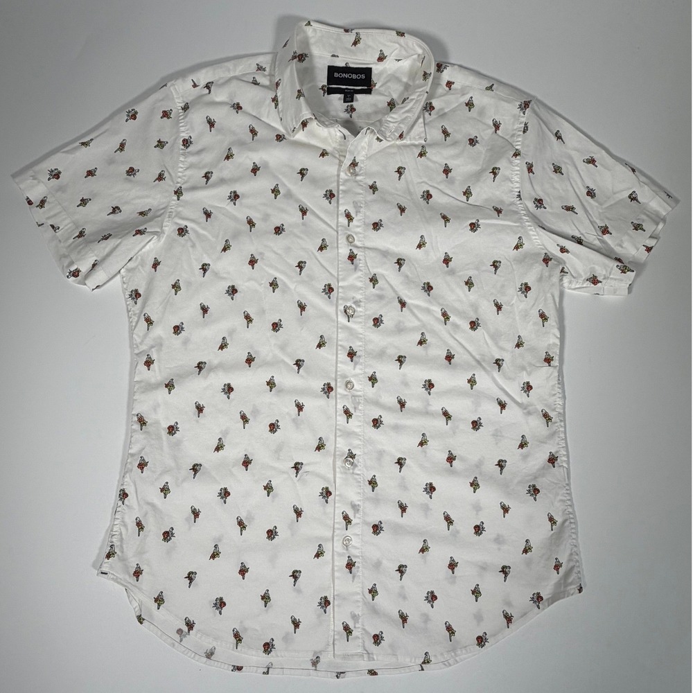 Bonobos Mens Parrot Floral Print Short Sleeve Button Down Shirt Slim Fit Large